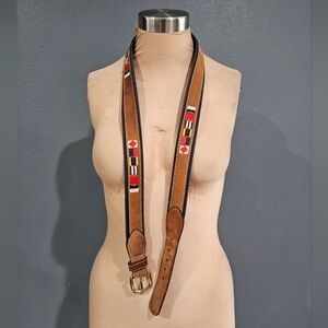 ZEPPELIN Men Brown Leather Navy Canvas Nautical Flags Brass Buckle Belt 42